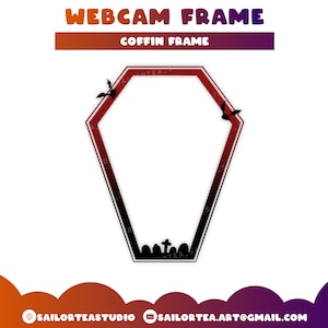 Puede incluir: Un marco de cámara web negro y rojo en forma de ataúd con murciélagos y una escena de cementerio. El texto "WEB CAM FRAME" y "COFFIN FRAME" está en la parte superior de la imagen.