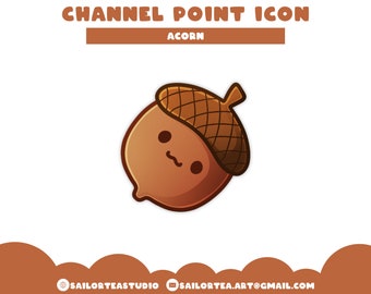 May include: A cartoon acorn with a brown cap and a cute face. The acorn is brown and has a light brown cap with a textured pattern.