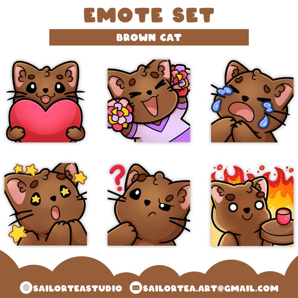 Brown Cat Emote Set | P2U Premade Pack Package Cats Kawaii Kitty Neko Twitch Youtube Discord Animal Pet Love Cheer Cry OMG Huh Fine Emoji