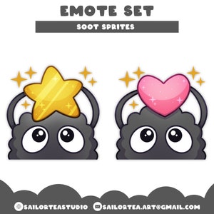 May include: Two black and gray cartoon characters with large eyes. The character on the left has a gold star on its head and the character on the right has a pink heart on its head. Both characters have a halo of gold stars around their heads. The text "EMOTE SET" and "SOOT SPRITES" is above the characters.