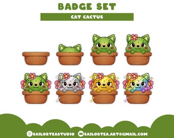 Cat Cactus Badge Set | P2U Premade Twitch Youtube Discord Pack Package Cute Sub Bit Streams Sparkle Cottagecore Fairycore Farmcore Plant