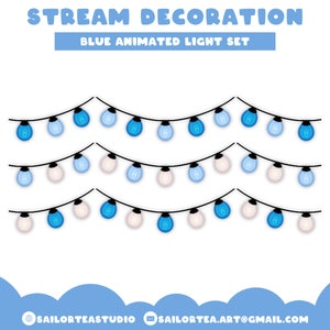 May include: Three rows of blue, white, and light blue animated string lights. The lights are in a curved shape, like a garland. The text "STREAM DECORATION BLUE ANIMATED LIGHT SET" is at the top of the image.