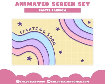 Animated Pastel Rainbow Screen Set | P2U Premade Pack Package Twitch YouTube Discord Overlay VTuber Pink Blue Yellow Purple Spring Cute Fun