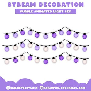 Könnte beinhalten: Lilafarbener animierter Lichter-Set für die Stream-Dekoration. Drei Reihen von lila und weißen Glühbirnen mit schwarzen Kabeln.