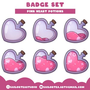 May include: Set of six pink heart potion badges in different stages of filling. The badges are in the shape of a heart with a stopper on top. The potion is pink and sparkly with white hearts and stars.