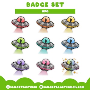 May include: Set of ten colorful cartoon UFO badges. Each badge features a black and white alien with a large head and small body. The UFOs are in various colors, including red, orange, yellow, green, blue, purple, pink, and white.