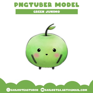 Puede incluir: Modelo PNGTuber Junimo verde. Una manzana verde de dibujos animados con una cara amigable y pequeños brazos y piernas.