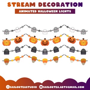 May include: Animated Halloween garland with ghosts, pumpkins, candy corn, and tombstones. The garland is decorated with stars and has the text "RIP" on the tombstones. The text "STREAM DECORATION ANIMATED HALLOWEEN LIGHTS" is at the top of the image.