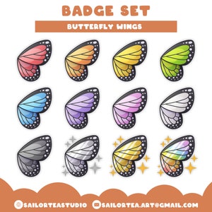 Puede incluir: Un conjunto de doce insignias de alas de mariposa de colores. Cada ala es de un color diferente, incluyendo rojo, naranja, amarillo, verde, azul, morado, rosa, gris y blanco. Algunas alas tienen acentos de estrellas o brillos. El texto "BADGE SET" y "BUTTERFLY WINGS" está en la parte superior.