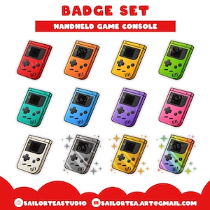 May include: A set of twelve colorful handheld game console badges. Each badge features a different color scheme, including red, orange, yellow, green, teal, blue, purple, and pink. The text "BADGE SET HANDHELD GAME CONSOLE" is at the top.