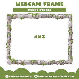 Op de afbeelding: Een rechthoekig webcamframe-ontwerp met een rand van mossige stenen. Het frame is gelabeld met "Webcam Frame" en "Mossy Stones" in groene tekst. De beeldverhouding is 4x3. De onderkant van de afbeelding bevat de tekst "sailorteastudio" en een e-mailadres.