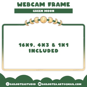Op de afbeelding: Groen webcamframe met een halve maan ontwerp. Het frame bevat de formaten 16x9, 4x3 en 1x1. De tekst "WEBCAM FRAME" en "GREEN MOON" staat bovenaan het frame. De tekst "16x9, 4x3 & 1x1 INCLUDED" staat in het midden van het frame.