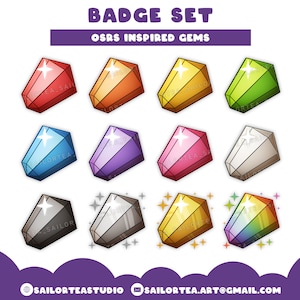 May include: A set of 12 colorful gem badges inspired by the popular online game OSRS. The gems are in various shapes and sizes, with a shiny, cartoon-like appearance.