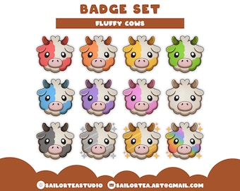 Fluffy Cow Badge Set | P2U Premade Twitch Youtube Discord Pack Package Cute Sub Bit Streams Sparkle Moo Animal Farm