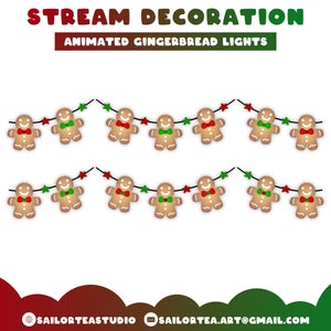 May include: Animated gingerbread man string lights, perfect for decorating your home for the holidays. The lights are strung together with red and green stars. The gingerbread men are wearing red bows and green bow ties.