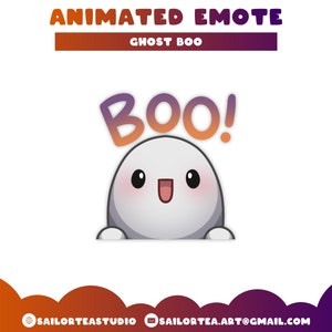 May include: Animated ghost emoji with a purple and orange gradient "BOO!" text above it. The ghost has a white body with pink cheeks and a big smile.