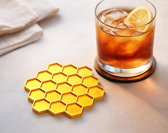Set di sottobicchieri a nido d'ape – Sottobicchiere e supporto stampabili in 3D / Design geometrico moderno (file STL + 3MF)