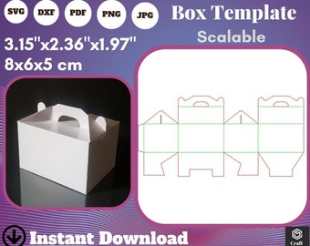 May include: A white box template with a handle, next to a diagram of the box's design. The dimensions are 3.15" x 2.36" x 1.97" (8x6x5 cm). Text includes "Box Template" and "Instant Download."