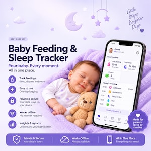 Könnte beinhalten: Ein Smartphone mit der Benutzeroberfläche einer App zur Verfolgung von Babyernährung und Schlaf, mit einem schlafenden Säugling und einem braunen Teddybären auf einer lila Decke. Der Bildschirm zeigt Protokolle und den Text Baby Feeding & Sleep Tracker.