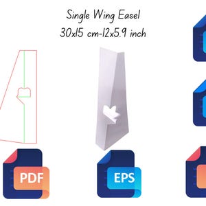Könnte beinhalten: Ein weißer Einzel-Flügel-Staffelei, 30x15 cm (12x5,9 Zoll), mit einem Ausschnitt-Design. Das Bild enthält Dateisymbole für die Formate SVG, DXF, PDF, EPS und AI. Der Text lautet "Single Wing Easel".