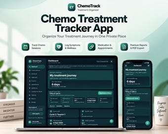 Application de suivi de chimiothérapie, organisateur de traitement de chimiothérapie, journal des symptômes et des médicaments, agenda de rendez-vous, rapports PDF, téléchargement numérique