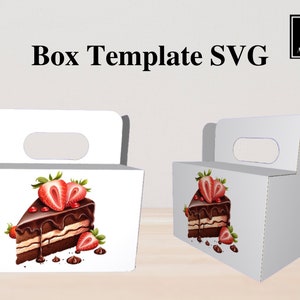 Puede incluir: Una plantilla de caja de cartón blanca para una caja de pastel con asa. La caja tiene un diseño de pastel de chocolate con fresas en la parte superior. El texto "Box Template SVG" está en la parte superior de la imagen.