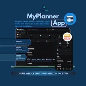 May include: A dark blue promotional graphic for MyPlanner App featuring a laptop and smartphone displaying a dark-themed dashboard interface. Text includes 'All your tasks, events, finances, goals, notes and more', 'Local-First', 'Buy Once Use Forever', 'FREE DEMO', and 'YOUR WHOLE LIFE, ORGANIZED IN ONE TAB'.