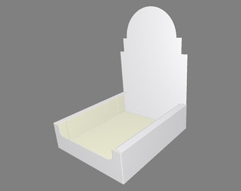 May include: A white cardboard display box with a curved top and a rectangular base. The box has a light beige interior and is designed to hold and showcase products. The display box is on a gray background.