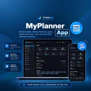 Puede incluir: Una interfaz digital para la aplicación MyPlanner mostrada en una computadora portátil y un teléfono inteligente sobre un fondo azul. El panel oscuro presenta iconos para notas, tareas y finanzas, con texto que destaca las funciones de la app.