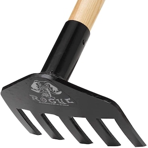 May include: A black garden rake with a wooden handle. The rake has four tines and a black metal head with a silver scorpion logo and the word "ROGUE" printed on it.
