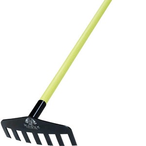 May include: A black metal garden rake with a lime green fiberglass handle. The rake has five tines and the handle has a black tip. The rake is labeled "ROGUE"
