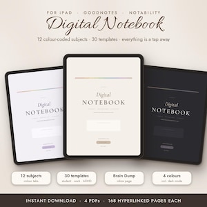 Digitaal notitieboek voor iPad (GoodNotes Notability), 12 onderwerptabbladen, 30 sjablonen, ADHD Brain Dump, donkere modus, hyperlinks, ongedateerd