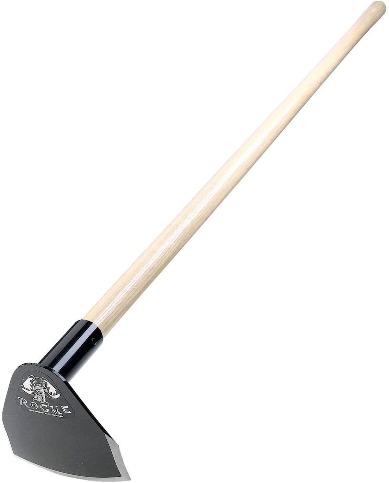 May include: A black gardening hoe with a wooden handle. The hoe has a curved blade and a black metal head. The handle is made of wood and has a black grip. The hoe is labeled "Rogue" with a scorpion logo.