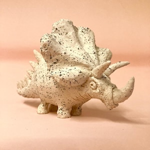 Handmade Ceramic Triceratops Sculpture: Black & White Dinosaur Figurine