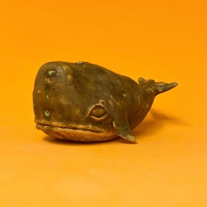 Handmade Ceramic Whale Figurine: Mossy Green-Gray Sculpture
