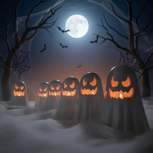 May include: A nighttime Halloween scene featuring several white ghost figures with carved jack-o'-lantern faces, illuminated from within. The background includes a full moon, bats, bare trees, and spiderwebs, creating a spooky atmosphere.