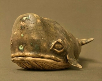 Handmade Ceramic Whale Figurine: Mossy Green Sculpture