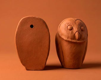 Handmade Red Clay Owl Wall Sculpture: Unglazed Ceramic Figurine