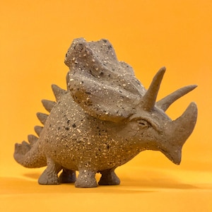 Handmade Ceramic Triceratops Sculpture: Black & White Dinosaur Figurine