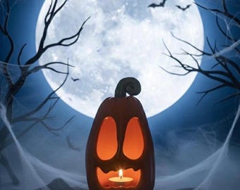 Vela de té con forma de calabaza de Halloween hecha a mano en cerámica - Decoración de calabaza de Halloween