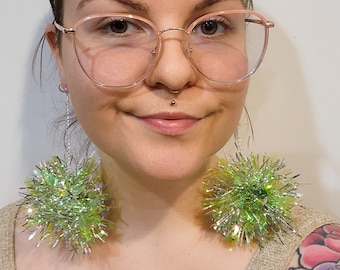 Long Green Tinsel Pom Pom Earrings, Sparkly Holographic Tinsel Party Earrings, Christmas, NYE, New Years Eve Statement Earrings