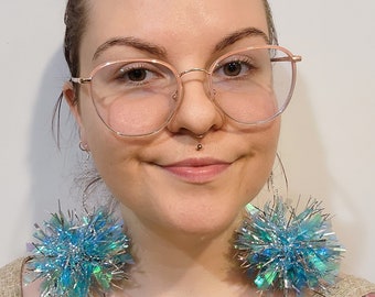 Long Blue Tinsel Pom Pom Earrings, Sparkly Holographic Tinsel Party Earrings, Christmas, NYE, New Years Eve Statement Earrings