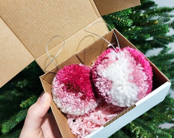 Pink Plum Christmas Pom Pom Baubles, Set of 2 or 4, Christmas Tree Ornaments, Christmas Decorations