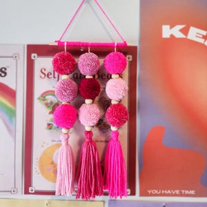Hot Pink Pom Pom Wall Hanging, Retro Pom Pom Wall Art, Maximalist Wall Decor, Fibre Art