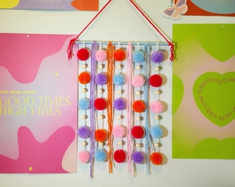 Pastel Pop Pom Pom Wall Hanging, Retro Pom Pom Wall Art, Maximalist Wall Decor, Fibre Art