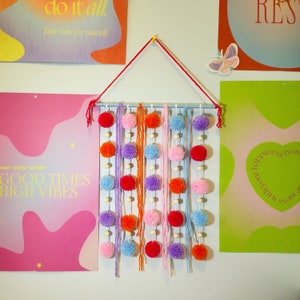 Pastel Pop Pom Pom Wall Hanging, Retro Pom Pom Wall Art, Maximalist Wall Decor, Fibre Art