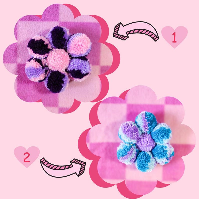 May include: Two colorful yarn pom-pom flowers, one with purple, pink, and black yarn and the other with blue, purple, and white yarn. Both flowers are on a pink and white checkered background.