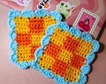 Posavasos de ganchillo amarillos, naranjas y azules, JUEGO DE 2, Juego de posavasos, Posavasos de cuadros vichy, Posavasos retro, Posavasos a cuadros