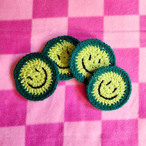Smiling Coasters, Crochet Coasters, Green Coaster Set, Set of 4