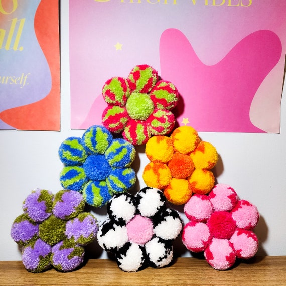Pom Pom Flower Wall Hanging / Pin Cushion, Retro Wall Art, Y2K Aesthetics, Funky Wall Decor